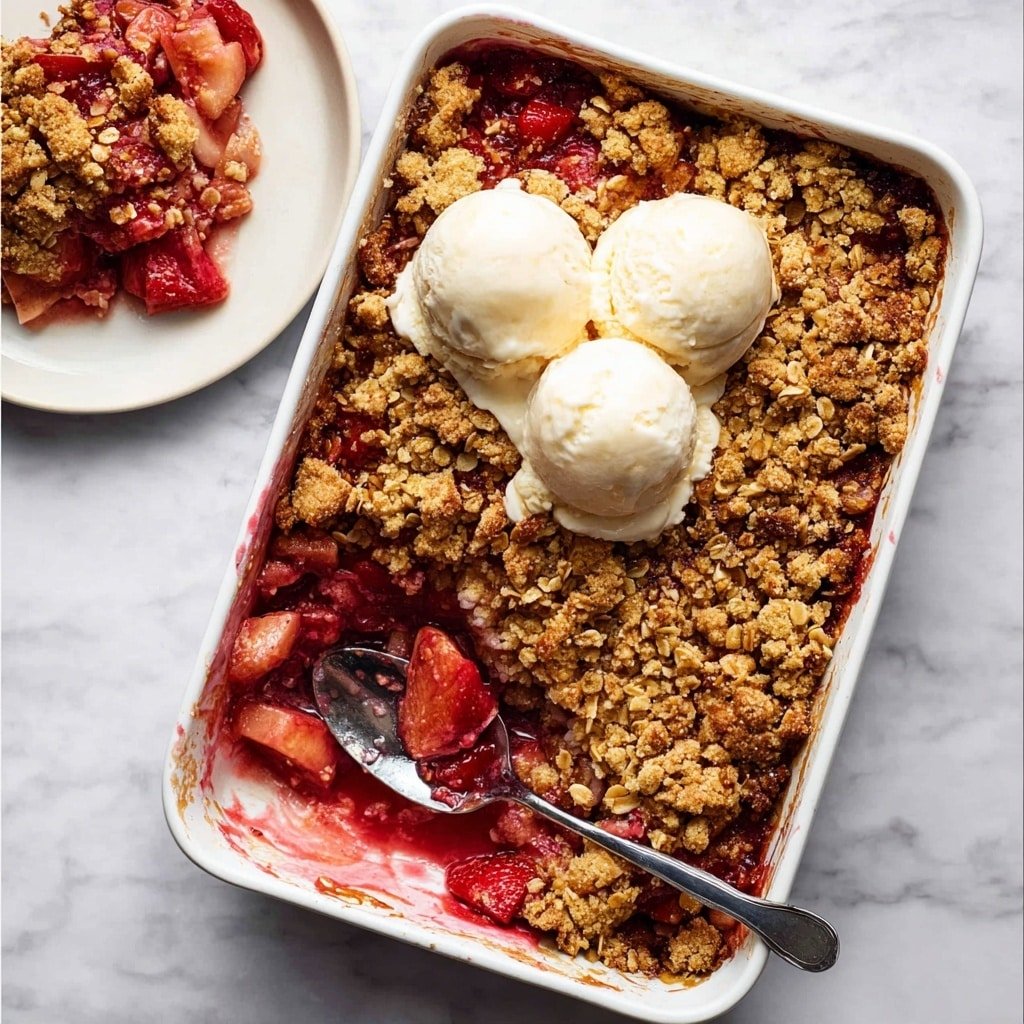 The image shows a white rectangular baking dish filled with a fruit crumble dessert. The bottom layer is made of red and pink cooked fruit pieces that look soft and juicy. The middle layer consists of crumbly, golden-brown oat and nut topping that covers most of the fruit layer but is missing in one section where the fruit is visible. On top of the crumble, three scoops of creamy vanilla ice cream are melting slightly and spreading over the topping. A silver spoon rests inside the dish in the uncovered area with some fruit and crumble on it. Part of the crumble dessert is also seen on a white plate next to the dish. The background is a white marbled texture. photo taken with an iphone --ar 1:1 --v 7
