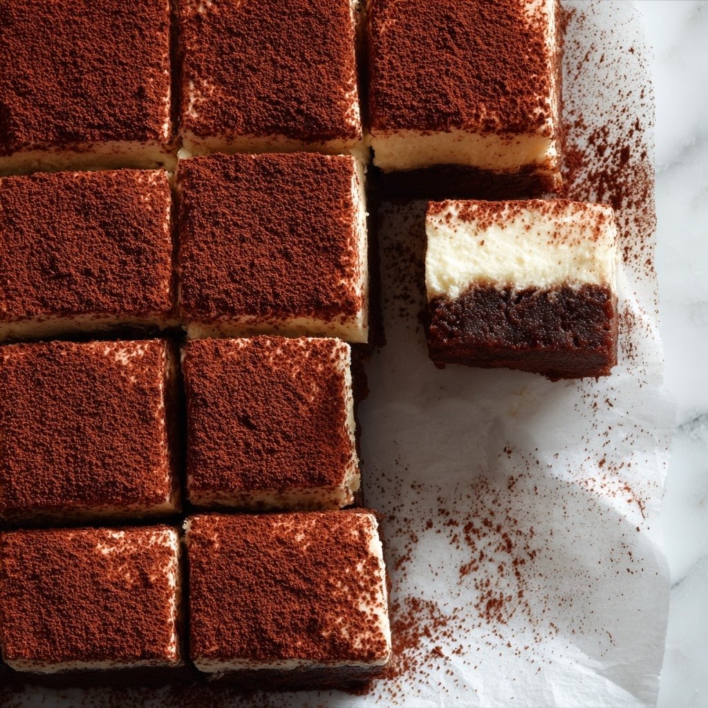 A close-up view of a dessert cut into even square pieces, each showing two clear layers: a dark brown bottom layer with a rich, dense texture, and a thick, creamy off-white top layer. The top layer is dusted with a generous amount of fine cocoa powder, giving it a deep reddish-brown finish with a slightly powdery texture. One piece is slightly pulled out, revealing the thickness and separation of the two layers, with the cocoa powder lightly sprinkled around the edges. The dessert is placed on white parchment paper over a white marbled background. photo taken with an iphone --ar 1:1 --v 7
