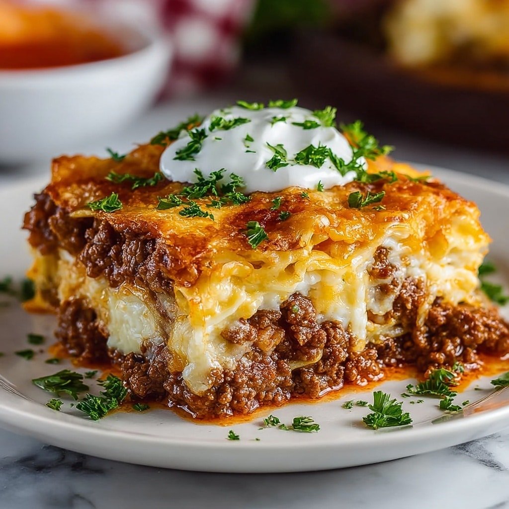 A square slice of layered lasagna on a white plate with rich brown cooked ground beef as the bottom layer, topped by a thick layer of creamy white cheese mixed with an orange melted cheese layer, and finished with a golden-brown crispy cheese crust on top. The slice is garnished with small green parsley pieces and a dollop of white cream on top, with a small part of a bright orange sauce visible near the back edge. The plate sits on a white marbled surface. Photo taken with an iphone --ar 1:1 --v 7