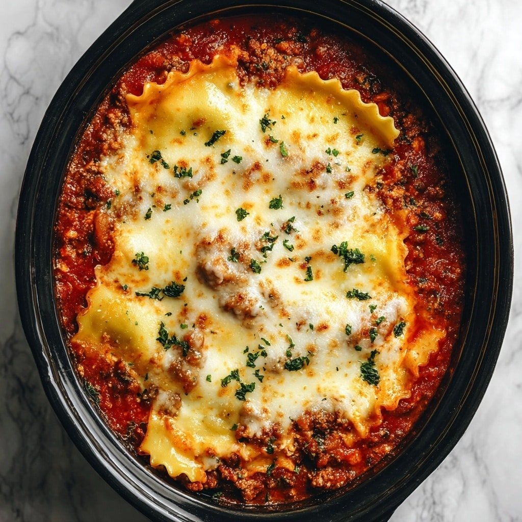 The image shows a round black baking dish with a baked lasagna inside. The bottom layer is a rich red tomato sauce mixed with ground meat and small bits of herbs. Above this, there are wide pale yellow pasta sheets layered closely, some edges visible under the sauce. The top layer is golden melted cheese that is bubbly and browned in spots, sprinkled with small green herbs for garnish. The dish sits on a white marbled surface. Photo taken with an iphone --ar 1:1 --v 7