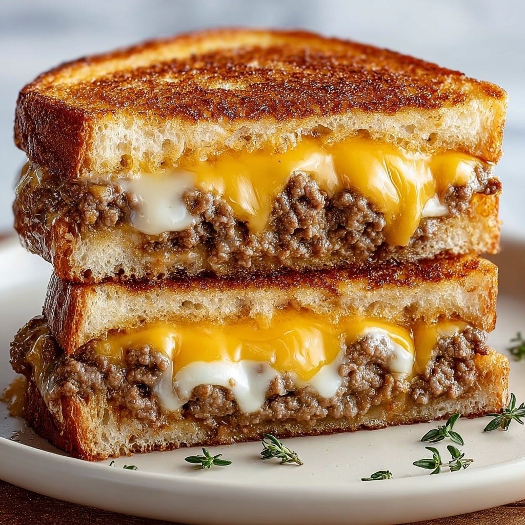 The image shows a thick sandwich cut in half and stacked, with three main layers in each half. The sandwich has two outer slices of golden brown toasted bread, crispy with a slightly rough, crunchy texture. Inside, there is a thick layer of cooked ground meat, brown and juicy, with a bit of shine. On top of the meat are two layers of melted cheese: a bright yellow cheddar cheese and a white creamy cheese, both soft and melted, oozing slightly between the bread and meat. The sandwich is placed on a white plate with small green herbs scattered around it, and the background is a white marbled texture. Photo taken with an iphone --ar 1:1 --v 7