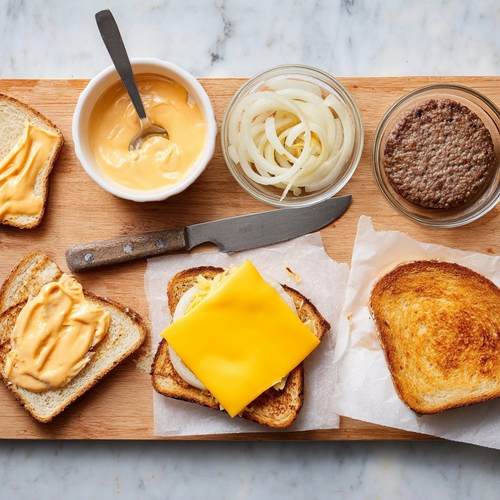The image shows sandwich ingredients arranged on a wooden board placed on a white marbled surface. On the left, there is a slice of toasted bread spread with a creamy orange sauce, with a knife resting on it. Above it, a white bowl contains more of the same sauce with a ladle inside. Next to the sauce, a small clear bowl holds cooked white onions. In the center, a slice of bread is topped with a bright yellow cheese slice and cooked onions. To the right side on white wax paper, there is a cooked beef patty and another slice of toasted bread with a golden-brown crust. The layers of the sandwich ingredients are clearly shown side by side. Photo taken with an iphone --ar 1:1 --v 7