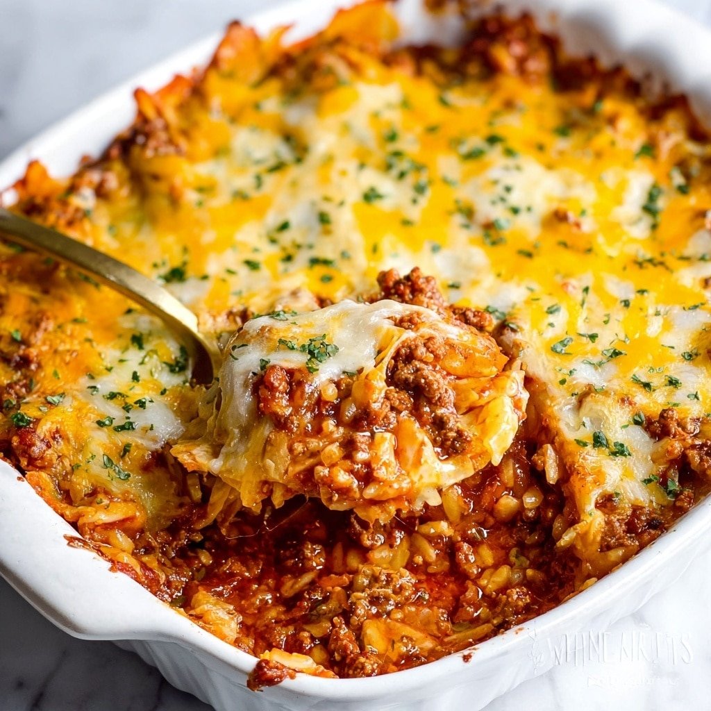 The image shows a white dish filled with a baked layered meal. The bottom layer is a rich red-brown meat sauce mixed with light yellow vegetable chunks and small bits of rice or grains. On top of this is a thick layer of melted light yellow cheese that covers the whole surface. The cheese has some browned spots and is sprinkled with small green herb pieces. A golden spoon is scooping out a portion from the right side, revealing the saucy meat and vegetable mix underneath. The dish sits on a white marbled surface. Photo taken with an iphone --ar 1:1 --v 7